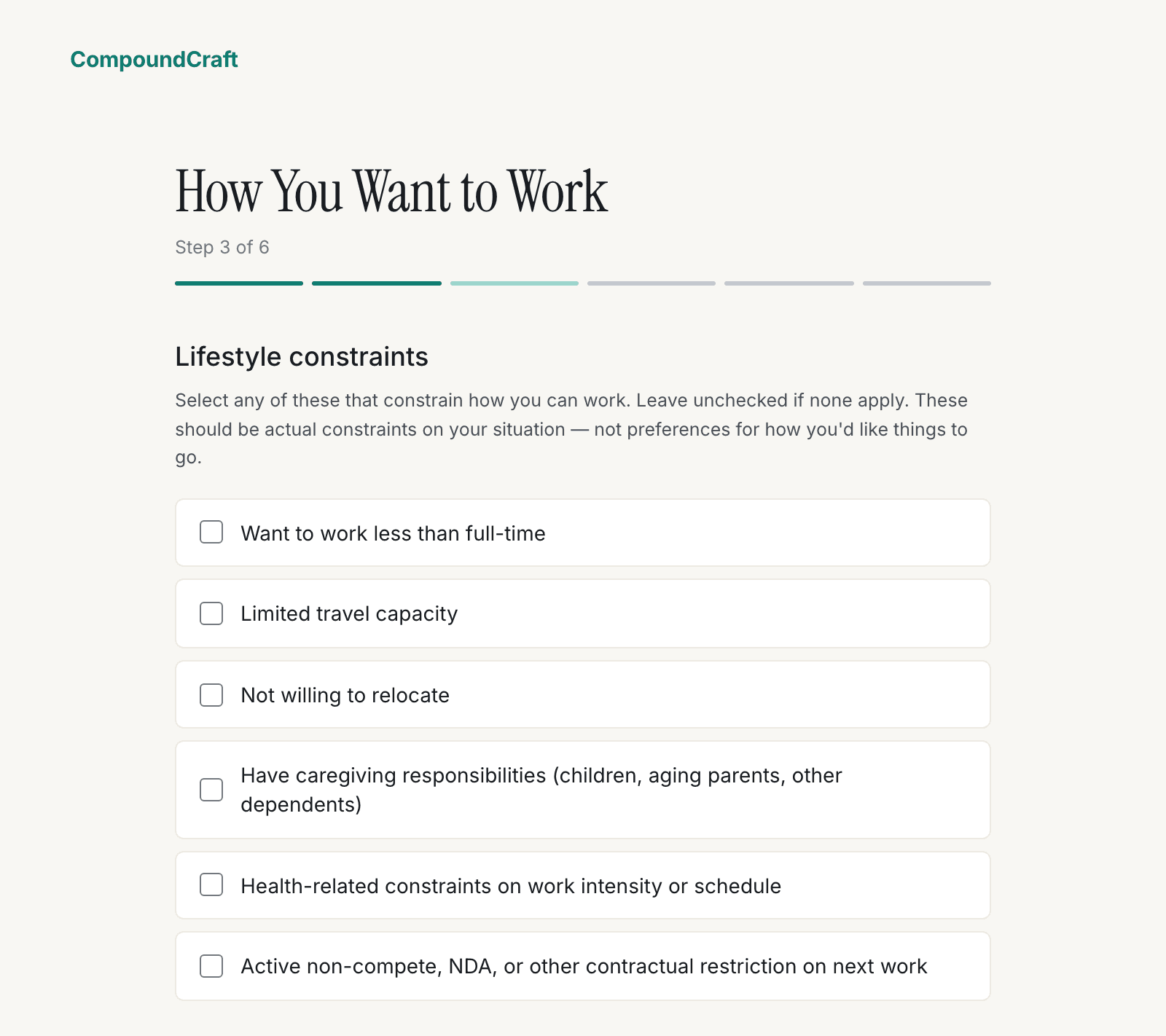 The CompoundCraft assessment intake, step three of six: the lifestyle constraints question with six checkbox options