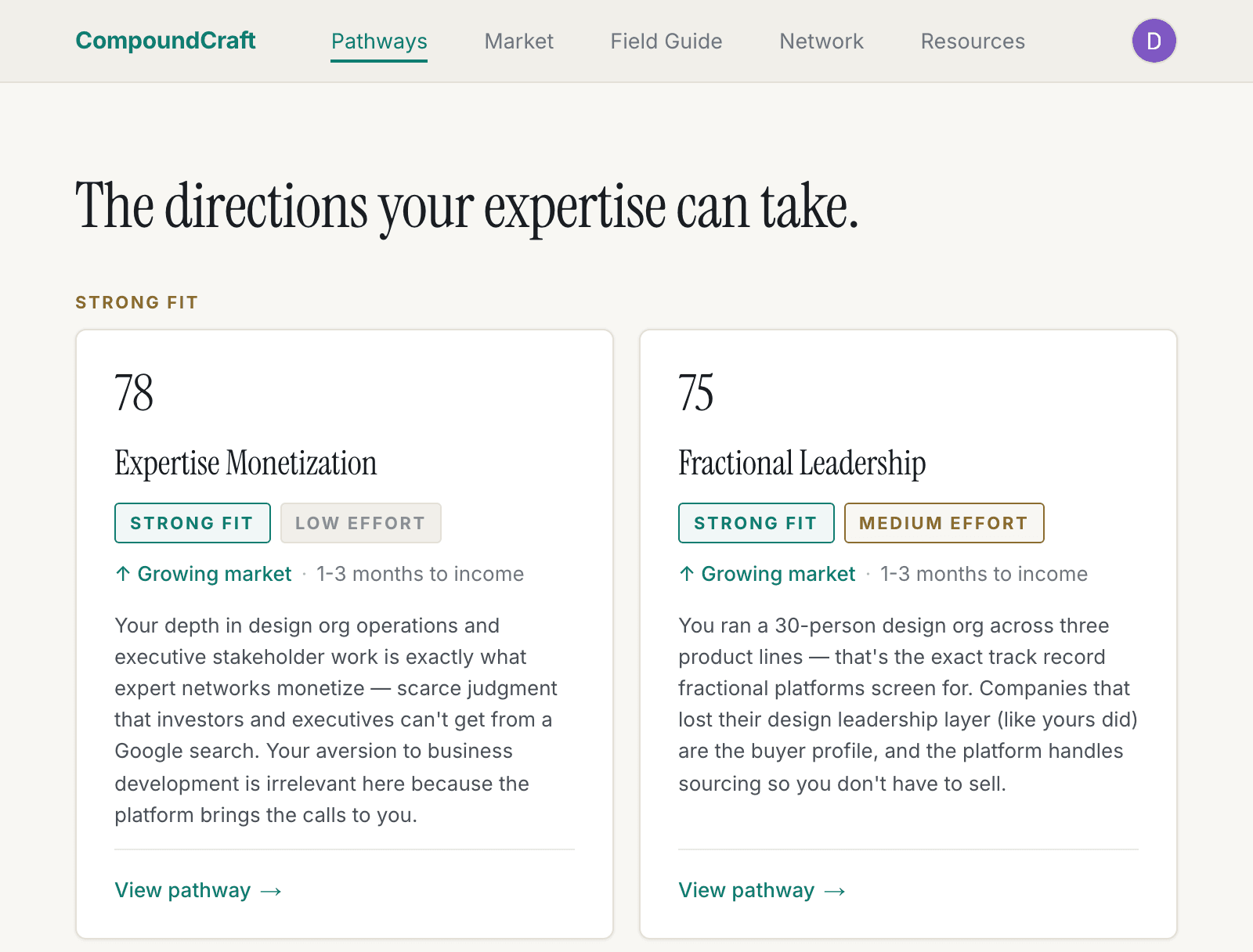The CompoundCraft pathways screen: two of seven scored pathway cards